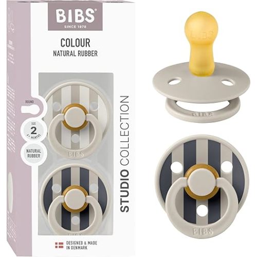 BIBS Pacifiers - Colour Studio 2 Pack | Round Nipple Baby Pacifier | BPA Free Natural Rubber Latex Soother | Made in Denmark | Size 6+ Months | Block Sand
