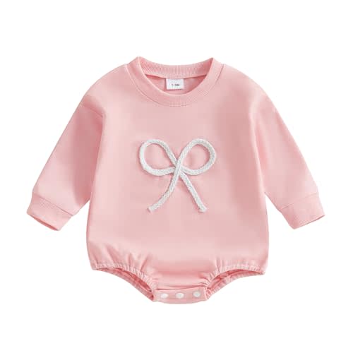 Lukivech Newborn Infant Baby Girl Fall Clothes Bow Emboridery Sweatshirt Bubble Romper Oversized Long Sleeve One-Piece Outfit