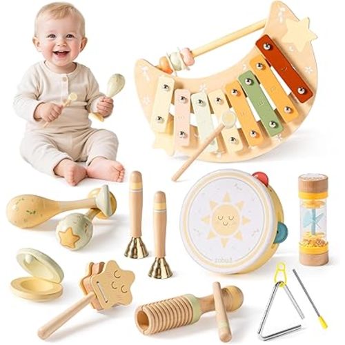 ROBUD Toddler Musical Instruments, Montessori Wooden Baby Musical Toys, Neutral Colors Musical Toys for Toddlers 1-3, Educational Percussion Set, for Boys and Girls(Star and Moon Theme)