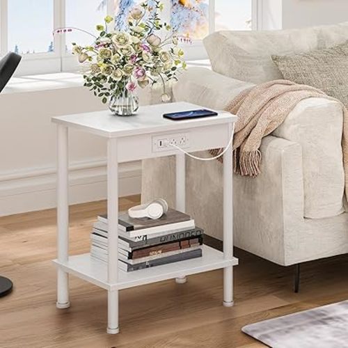 End Table with Charging Station,Small Side Table,2-Tier Nightstand with Storage Shelf,Sofa Bedside Table for Small Spaces in Living Room,Bedroom,Office,Easy Assembly,White