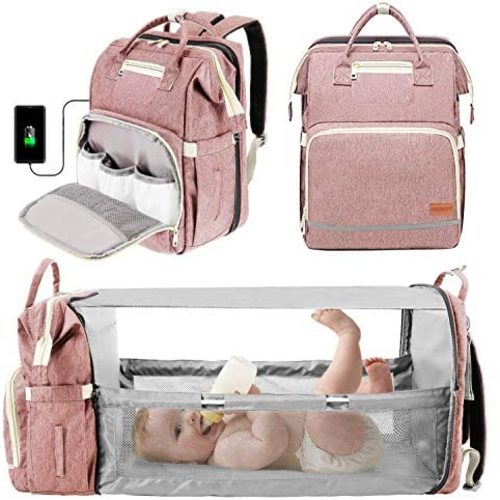 3 in 1 Diaper Bag Backpack with Bassinet Bed Mat Pad Portable Travel Convertible Bags Newborn Registry Baby Shower Gifts Essentials Accessories Stuff for Girls Boys Men Dad Mom Pink