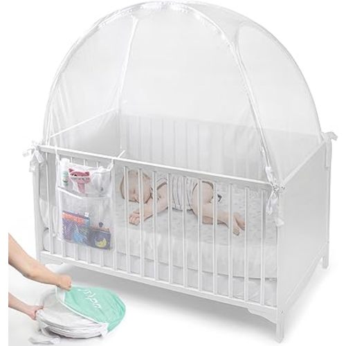 Baby Crib Tent to Keep Baby from Climbing Out – Breathable Cotton Mesh – Locking Zippers – Pop-Up Crib Canopy Net – Safe Anti-Climb Crib Cover – Izybu Crib Tent – Fits Standard 52” Cribs
