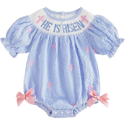 Baby Girl Bubble Romper HE IS RISEN Girl Onesie Short Sleeve Plaid Jumpsuit Outfit Cute Smocked Clothes
