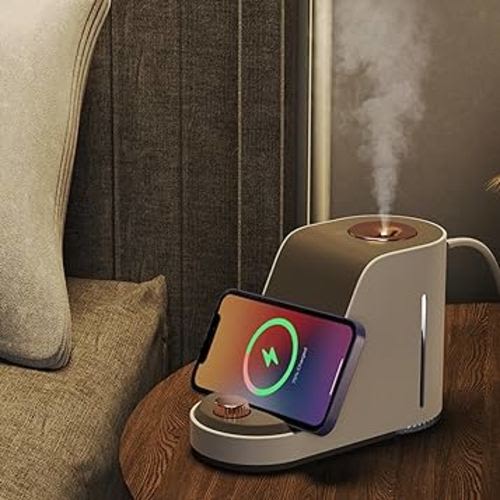 Desk Humidifier for Office, Humidifier Bedroom with Wireless Charging, Phone Stand, Nightlight, 380ML Water Tank, Low-noise Operation, Auto-Off, Easy Clean Mini Humidifier for Home, Baby