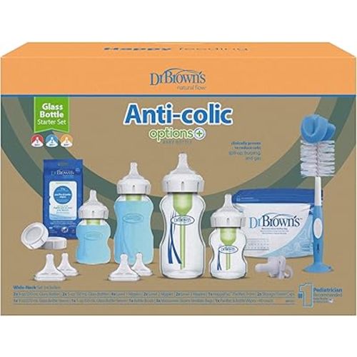 Dr. Brown’s Natural Flow Anti-Colic Options+ Wide-Neck Glass Baby Bottle Starter Set with 100% Silicone Glass Bottle Sleeves, Baby Bottle Brush, Prevent Pacifier and Pacifier and Bottle Wipes
