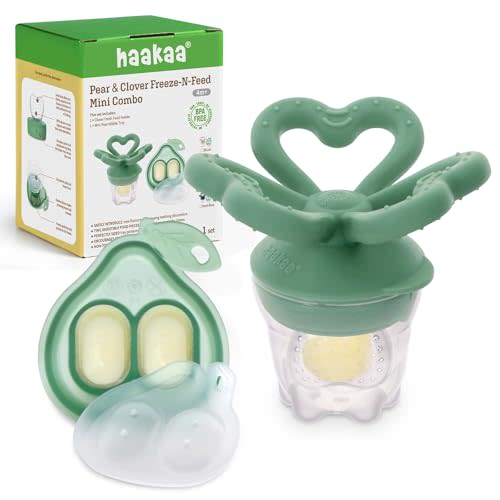 Haakaa Clover Baby Fruit Feeder Teether & Mini Freezer Nibble Tray – BPA-Free Silicone Breastmilk Popsicle Mold for Baby Teething Relief & Self-Feeding, 4M+ (Pea Green)