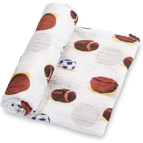 LollyBanks Muslin Swaddle Blanket, 100% Muslin Cotton Soft Baby Blankets for Boys, 47 X 47 Inches Soft and Cozy Baby Wrap Swaddle Breathable Baby Blankets, Baby Essentials, Registry (Sports Print)