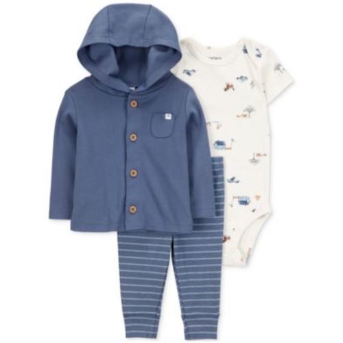 Baby Boys Cotton Little Character Set® Hooded Cardigan, Barn-Print Bodysuit & Striped Pants, 3 Piece Set