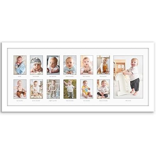 Americanflat 9x22 First Year Photo Frame with Shatter-Resistant Glass - Fits Twelve 2.5x3.5 Photos and One 5x7 Picture - Collage Frame for Nursery Decor, Newborn Mom Gift or Baby Shower- White