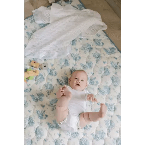 Spring Toile Blue Quilted Playmat - Organic Cotton Baby Playmat – The Gilded Bird US