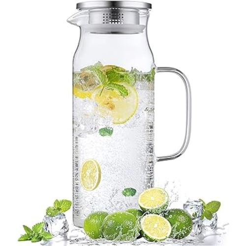 1.6 Liter 54 oz Glass Pitcher with Lid and Spout, Bivvclaz Glass Water Pitcher for Fridge, Glass Carafe for Hot/Cold Water, Iced Tea Pitcher, Drink Pitcher for Coffee, Juice and Homemade Beverage