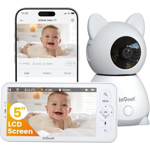 ieGeek Baby Monitor with 2 Cameras, 5" Large Screen Split-Screen Video Baby Monitor | 2K HD Non-WiFi Monitor with App & Parent Unit | Night Vision, 2-Way Audio, Cry Detection, Temperature Sensor
