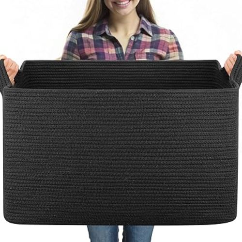 95L Extra Large Blanket Basket, 24" x 16.9" x 14.2" Woven Storage Basket for Living Room, Nursery Blanket Storage, Rectangle Storage Basket for Toys, Towels, Dirty Clothes Basket (Black)