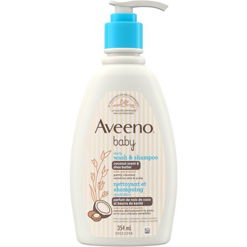 Aveeno Nettoyant et shampooing hydratant quotidien pour bébé, parfum naturel de noix de coco, beurre de karité et extrait d'avoine, gel douche pour le corps