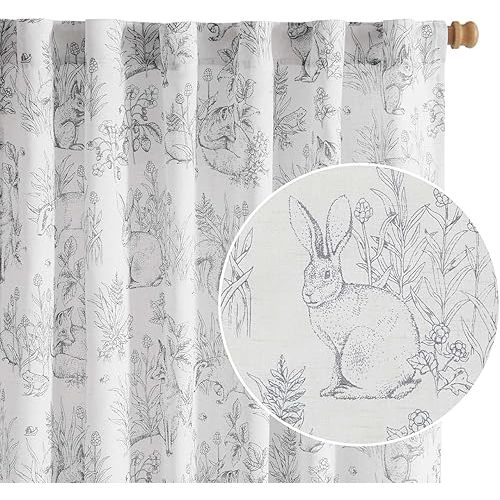 Vangao Linen Curtains Farmhouse Grey Curtains 84 Inches Long for Bedroom French Country Toile Drapes Easter Decorations Woodland Animal Rabbit Printed Light Filtering Kids Window Treatments, 2 Panels