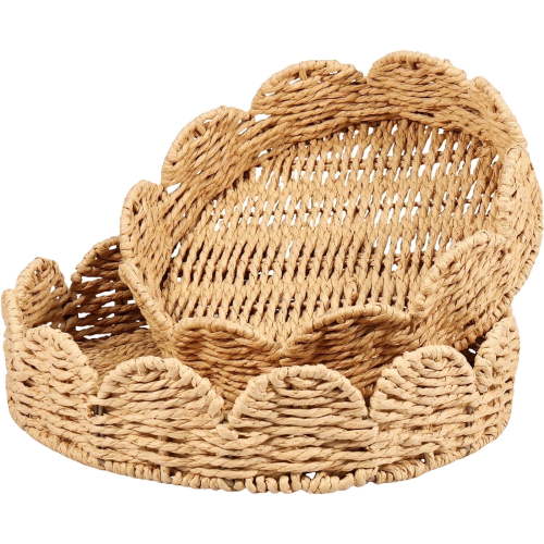 Keyohome Handwoven Scalloped Tray 2Pcs Natural Paper Rope Storage and Serving Baskets