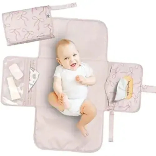 Tiny Twinkle Portable Diaper Changing Pad | Waterproof, Wipeable & Compact Baby Changing Pad for Travel | Smart Wipes Pocket & Organized Storage| Newborn Shower Gift (Bows)