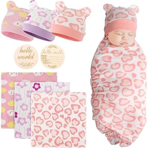 BQUBO Cotton Baby Swaddle Hat Set Newborn Infant Receiving Blankets with Bear Ears Hat Wooden Birth Announcement Card Newborn Unisex Swaddle Wrap Sets Warm Shower Gift