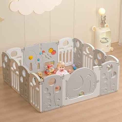 Baby Playpen,for Kids and Toddlers,Kids Activity Centre Safety Play Yard,Indoor&Outdoor Pattern Baby Fence with Game Panel, Safety Lock, Non-Slip Bases, Adjustable Shape,14 Panels
