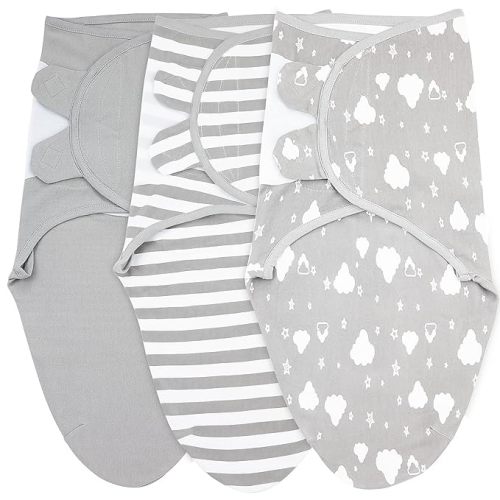 Bublo Baby Organic Swaddle 3-6 Month, 3-Pack Newborn Swaddles Sleep Sack, Infant Sleeping Sack, Easy Adjustable Baby Large Size Swaddle Blanket Wrap for Boy Girl (White Grey) - Large ( Pack of 3)