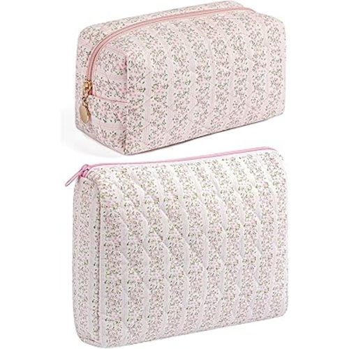 Makeup Bag Travel Cosmetic Bag for Women Girls, Zipper Make Up Pouch, Floral Flowers Toiletry Organizer Makeup, Portable Storage Cosmetic Travel Cloth Bag (2 Pack (L+S)/Pink Floral)