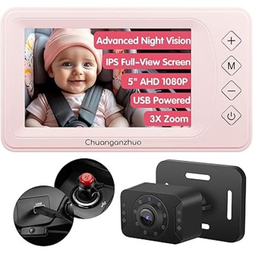 Baby Car Camera with Advanced Night Vision, AHD 1080P 5inch IPS Full View Car Baby Monitor, Carseat Camera for Kids Infants Rear Facing Mirror, USB Powered, 5inch, Light Pink