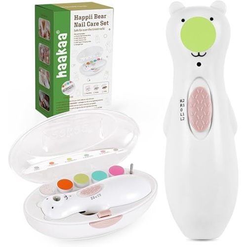 haakaa Rechargeable Baby Nail File Baby Nail Trimmer Electric with LED Light, Rechargeable Baby Nail Clippers for Newborn/Adults Toes and Fingernails, Additional Replacement Heads & Charging Cable
