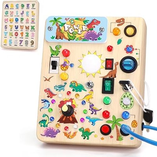 Dinosaur Busy Board,Montessori Toys for 1-3 Years Old, Wooden Toddler Toys, Sensory Travel Toys, Ideal Gift for 1+ Year Old Boys (Dinosaur Busy Board Plus V2), Blue