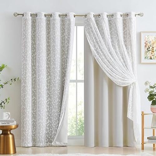 Jubilantex Full Blackout Curtains + Leaf Sheer Window Panels, Beige Mix and Match Style Double Layer Window Treatment Sets for Bedroom Living Room, 4 Panels 52" W x 63" L, Beige and White