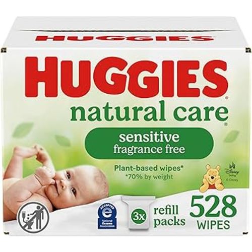 Huggies Natural Care Sensitive Baby Wipes, Unscented, Hypoallergenic, 99% Purified Water, 3 Refill Packs (528 Wipes Total)