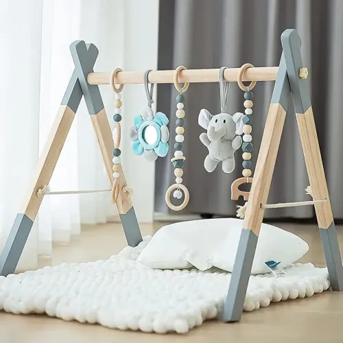 Avrsol Wooden Baby Play Gym Foldable Baby Play Gym Frame Activity Gym Hanging Bar with 5 Gym Baby Toys Natural Gift for Newborn Baby (Foldable Grey)
