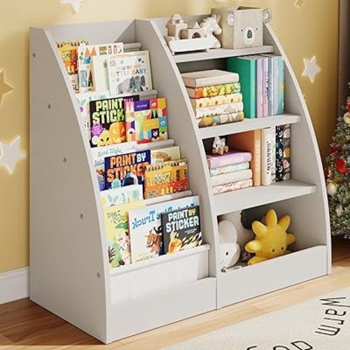 4 Tier Kids Bookshelf, 4 Layer Sling Kids Book Shelf for Kids Rooms,Wood Children Bookcase,Baby Storage Book Rack,Toddler Bookshelf, Book and Toy Organizer,Book Display Shelf for Bedroom, Nursery