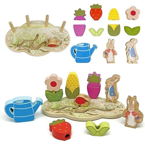 KIDS PREFERRED Peter Rabbit Garden Wooden Montessori Activity Stacker with 12 Wooden Interactive Pieces for Babies, Toddlers and Kids Based on The Beatrix Potter Books