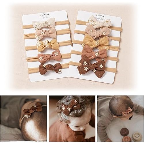 Fancy Clouds Baby Girl Bows Headbands,10 pcs Stretchy Soft Nylon Hairbands Hair Bows for Newborns, Infants, Toddlers - Handmade Baby Hair Accessories for Girls