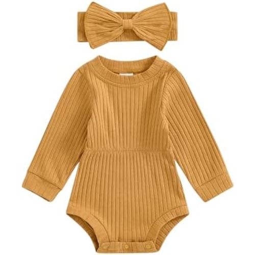 Karwuiio Newborn Baby Girl Fall Outfits Long Sleeve Ribbed Knit Jumpsuit Romper with Headband Infant Clothes Sets