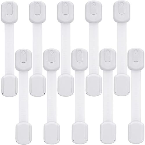 Child Safety Cabinet Locks - (10 Pack) Baby Proofing Latches to Drawer Door Fridge Oven Toilet Seat Kitchen Cupboard Appliance Trash Can with 3M Adhesive - Adjustable Strap No Drill No Tool