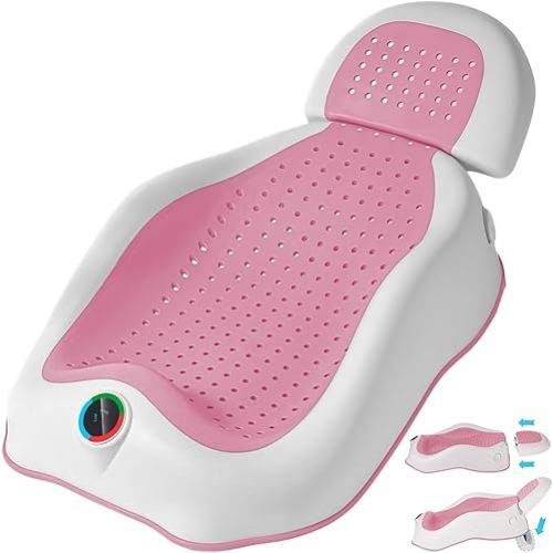 Baby Bath Support Newborn Bathtub with Water Temp Reminder Card - Adjustable,Ergonomic,Non-Slip Baby tubs for Newborns up to 6 Months,Foldable Infant tub for Bathtub,Sink,Bathroom(Pink)