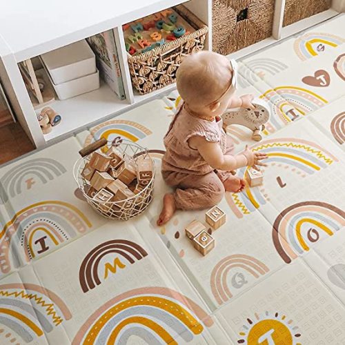 Blissful Diary Baby Play Mat, Large 78 x 70 Baby Mat for Floor, Soft Foam Play Mat, Foldable Playmat for Babies Toddlers Infants, Reversible Baby Crawling Mat for Indoor & Outdoor (Rainbow Pattern)