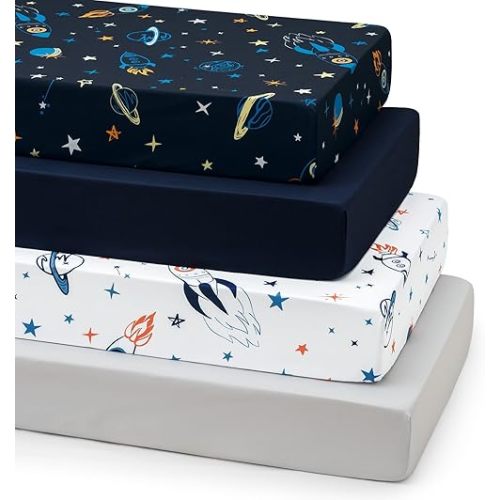 david's kids 4 Pack Fitted Crib Sheets, Ultra Soft Breathable Comfortable Baby Sheet Set for Boys Girls Neutral, 28x52 Inch Fits Standard Crib and Toddler Mattresses, Navy Space