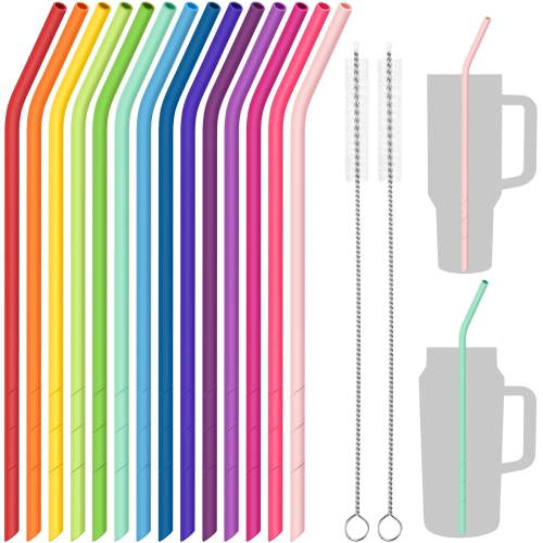 NiHome 14PCS Silicone Straws Fit for Stanley 40oz 30oz Tumbler, 14” Extra Long Reusable Drinking Straw, Can Cut Length for 1/Half Gallon 75 64 OZ Large Water Bottle, 2 Brushes (14-Color Rainbow)