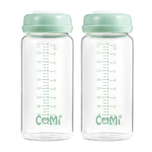 COMI Wide Neck Glass Breastmilk Collection n Storage Bottle, 2 Packs,10oz with Screw Ring Sealing Disk,Re-markable Sealing Disc,BPA Free,Fits Breast Pumps&Nipples(2 Green Lids)
