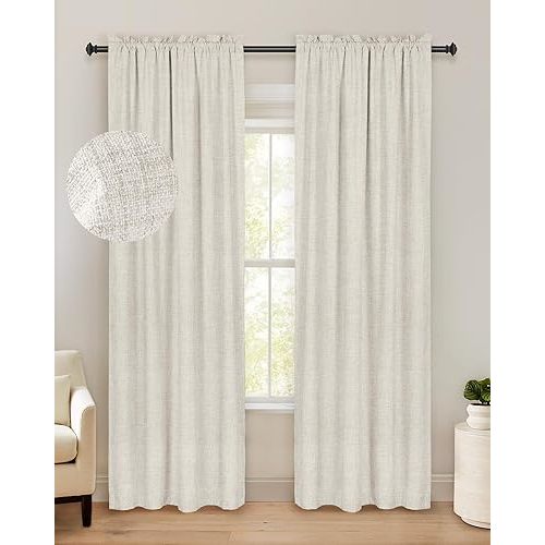 100% Blackout Shield Linen Blackout Curtains 84 Inches Long 2 Panels Set, Black Out Curtains for Bedroom, Thermal Insulated Rod Pocket Window Drapes Living Room, 50W X 84L, Beige