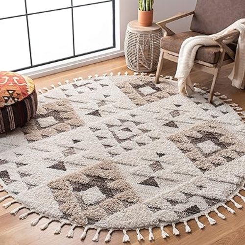 SAFAVIEH Moroccan Tassel Shag Collection Area Rug - 5'3" Round, Ivory & Brown, Boho Design, Non-Shedding & Easy Care, 2-inch Thick Ideal for High Traffic Areas in Living Room, Bedroom (MTS688A)