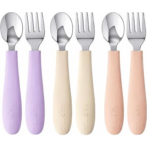 ASOMIC Stainless Steel Toddler Utensils, 6-Piece Set, Pink/Lavender/Ivory