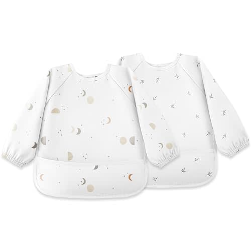 Susurration Baby Bibs with Sleeves for Eating, 2 Pack Reusable Waterproof Bibs Toddler Bibs with Sleeves, 6-36 Months Baby Feeding Essentials - Grey Moon