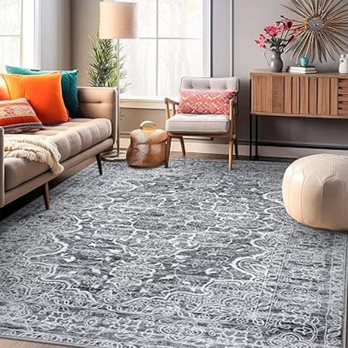KUTA Vintage Area Rugs for Living Room 8x10 Grey Blue White, Washable Large Rug for Bedroom 8ft x 10ft Non-Slip, Ultra Soft Printed Floral Dining Room Low-Pile Carpet