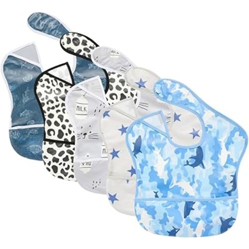 TSD Baby Bibs Waterproof Feeding Bibs 5pack Adjustable Mealtime Poctet Bib for Newborn Toddler Infant Easy Clean Durable Baby Essentials Shower Gift