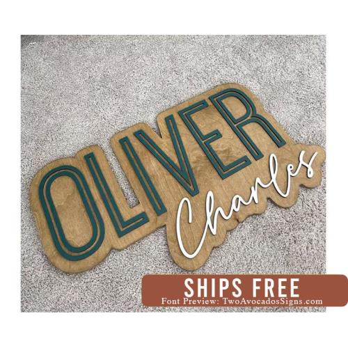 Large wood name sign, nursery name sign, boho nursery sign , above crib cut out, layered baby name sign, double baby name sign, cut out sign