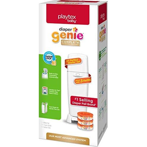Diaper Genie Playtex Complete Diaper Pail, with Built-in Odor Controlling Antimicrobial, Includes 1 Pail and 3 Max Fresh Refills, White Pail