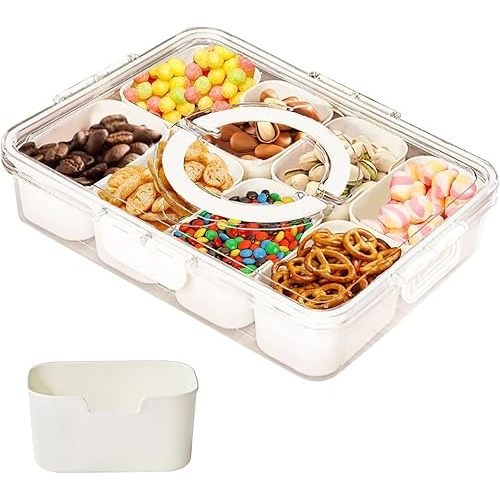 SESAMELESS Snack Box, 8 Compartment Divided Serving Tray Portable Food Snackle Box with Lid and Handle Organizer for Food Snack Veggie Candy for Kitchen Fridge Storage Containers